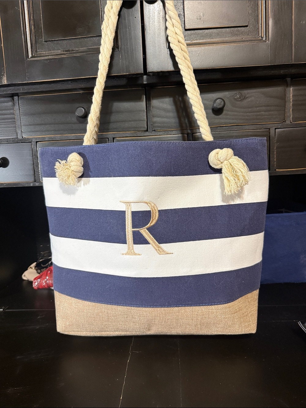 Yoolife Personalized Navy Stripe Tote Bag with Rope Handles
